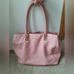 Cole Haan Pale Pink Pebbled Leather Bag Braided Handle Gold Hardware